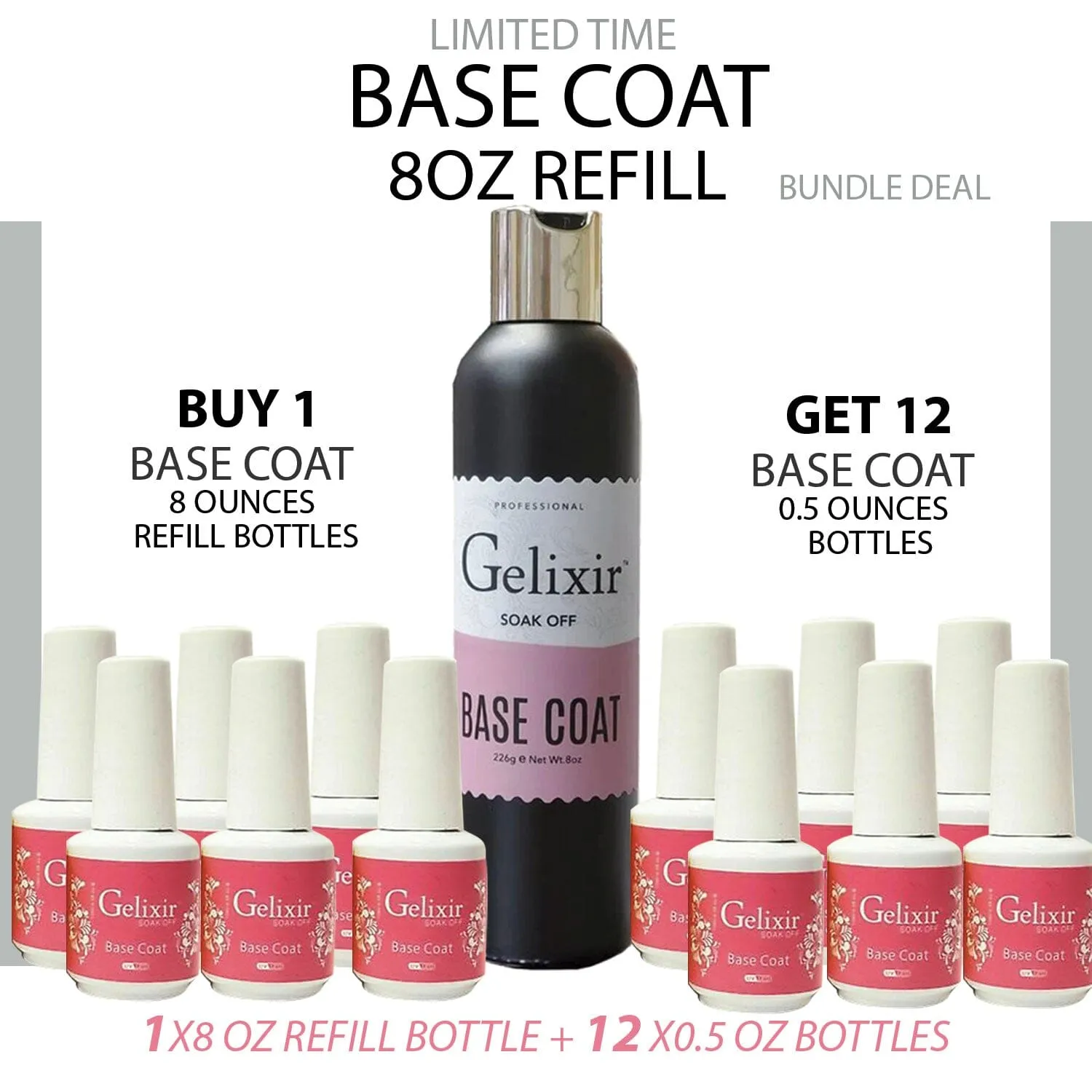Gelixir Gel Base Coat Refill 8oz & 12 bottles 0.5oz