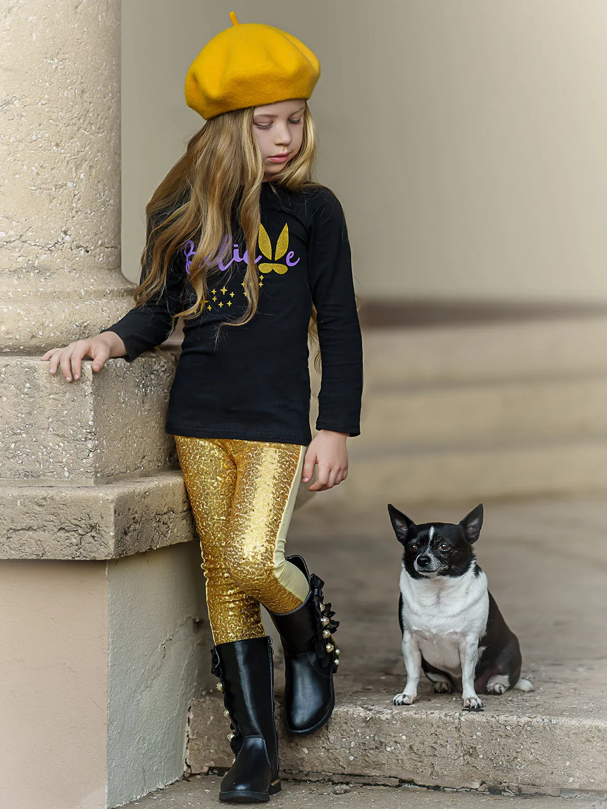 Girls "Believe" Bunny Long Sleeve Tunic And Sequin Legging Set