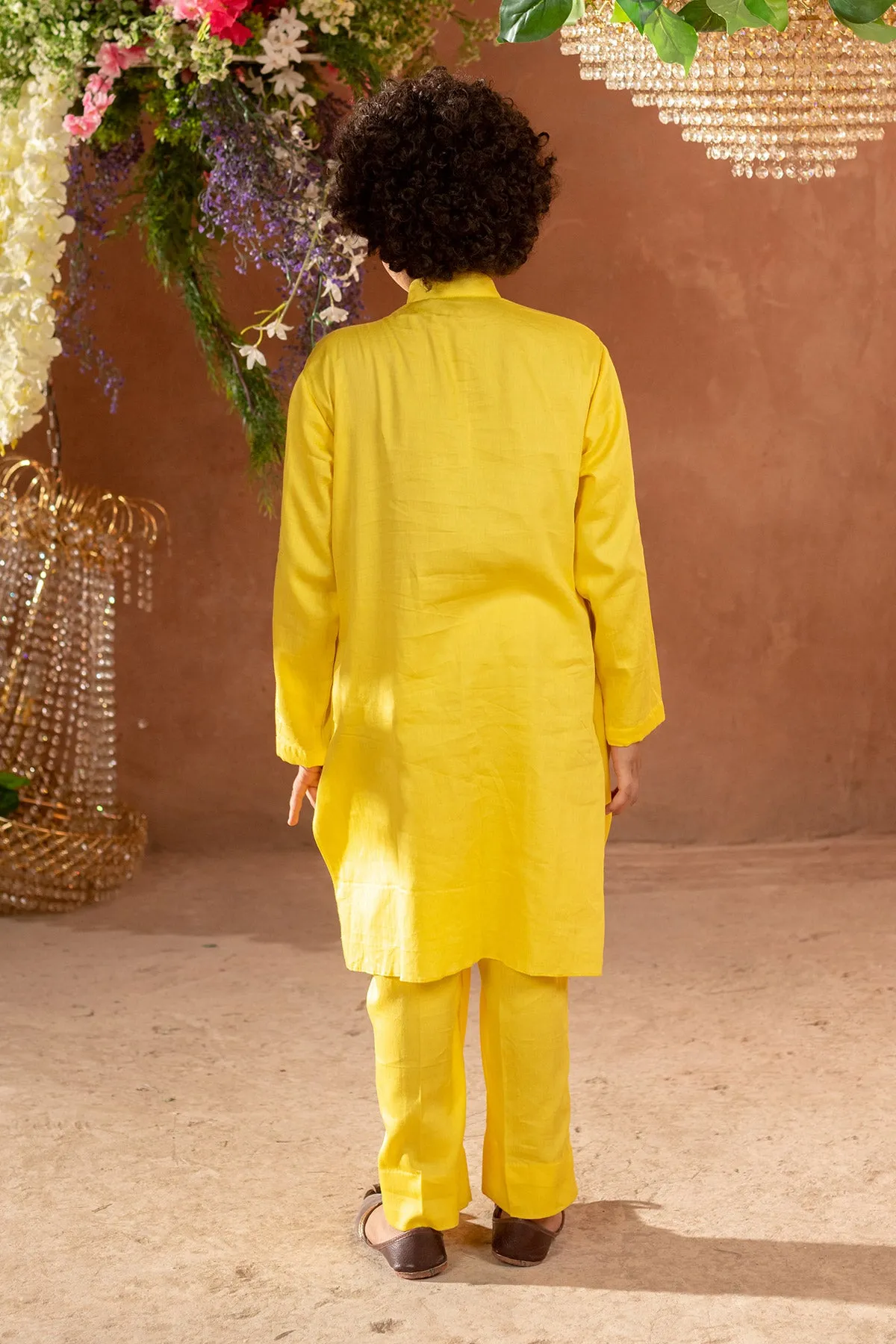 Hvar - 
Drape German  Satin Yellow Kurta Trouser