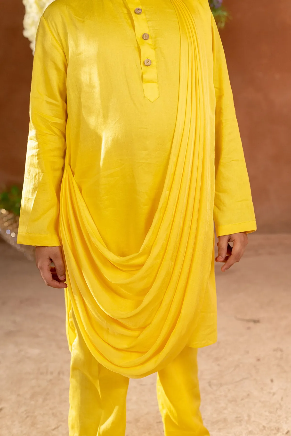 Hvar - 
Drape German  Satin Yellow Kurta Trouser