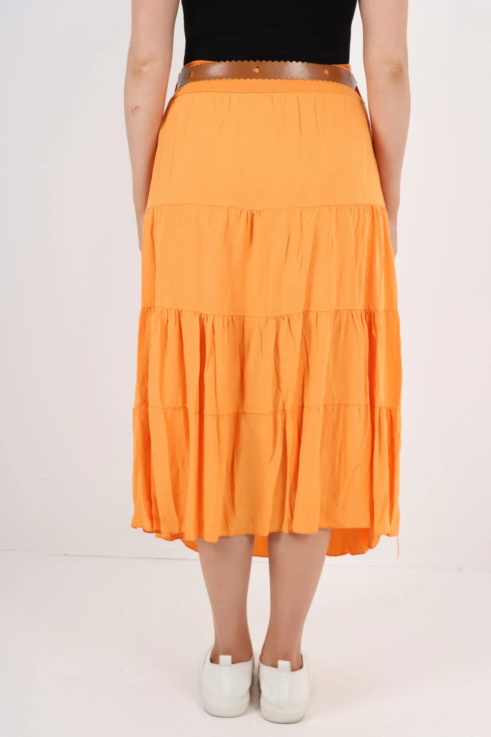 Italian Waist Belted Midi Length Tiered Skirt