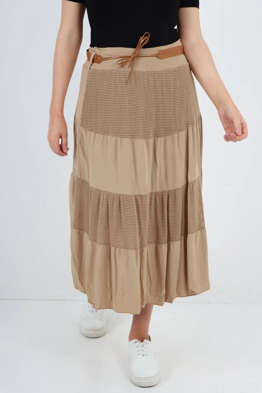 Italian Waist Belted Midi Length Tiered Skirt