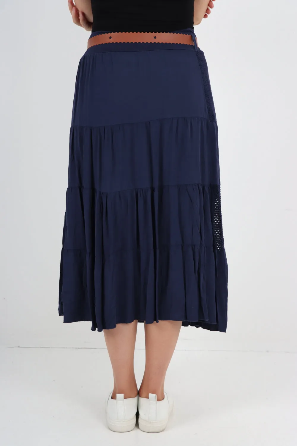 Italian Waist Belted Midi Length Tiered Skirt