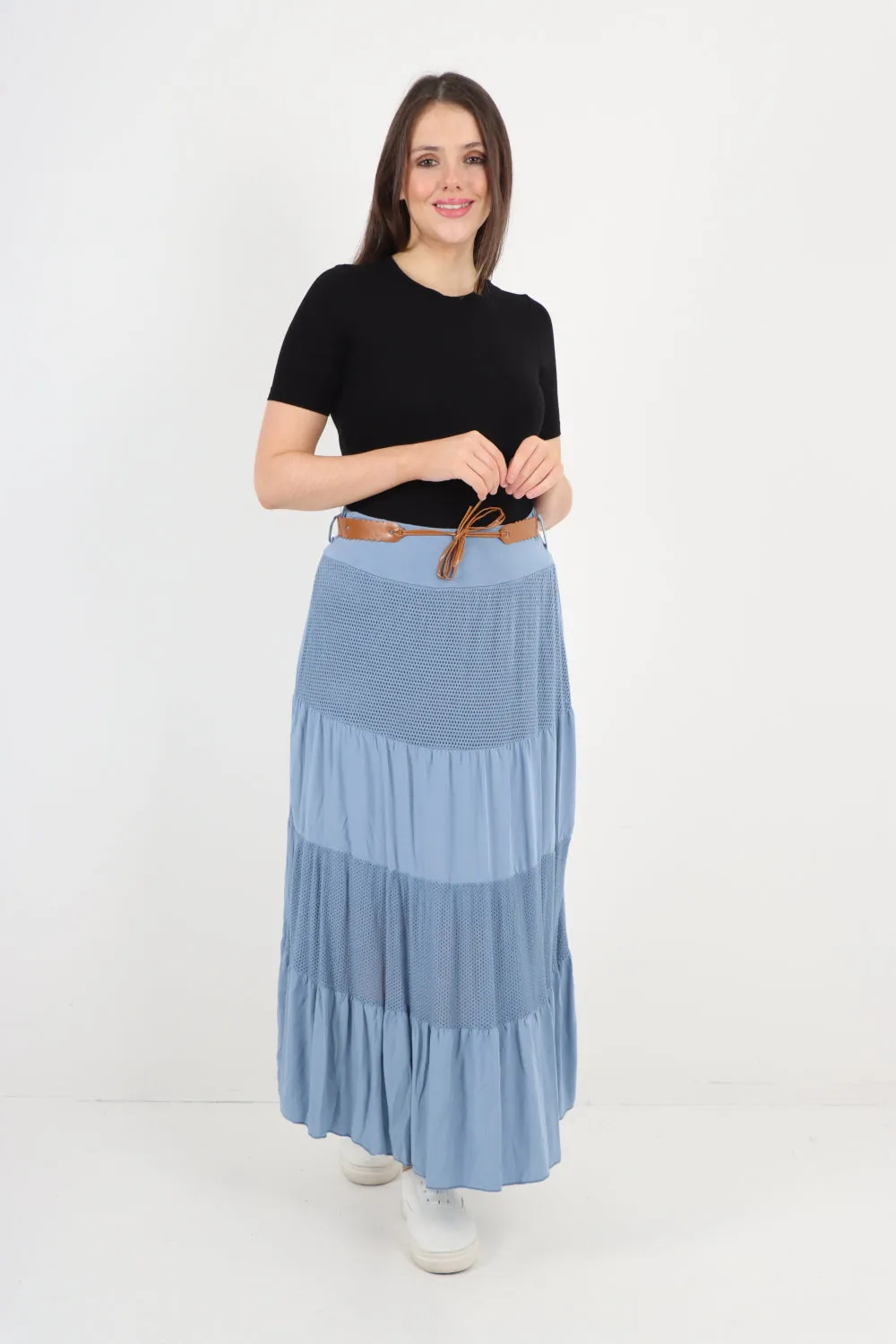 Italian Waist Belted Midi Length Tiered Skirt