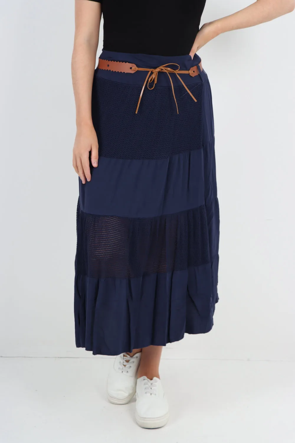 Italian Waist Belted Midi Length Tiered Skirt