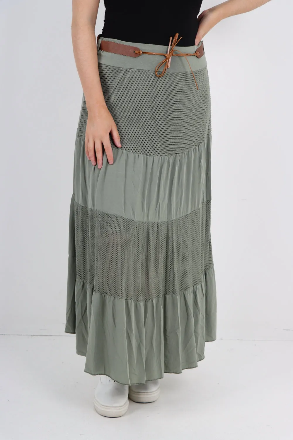 Italian Waist Belted Midi Length Tiered Skirt