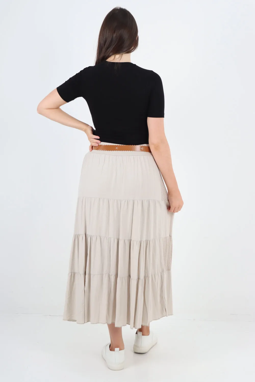 Italian Waist Belted Midi Length Tiered Skirt