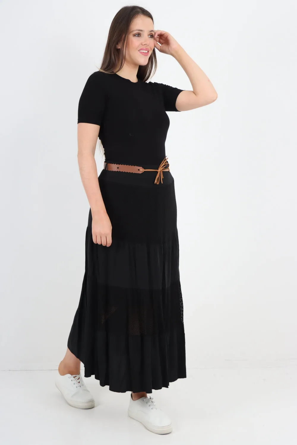 Italian Waist Belted Midi Length Tiered Skirt