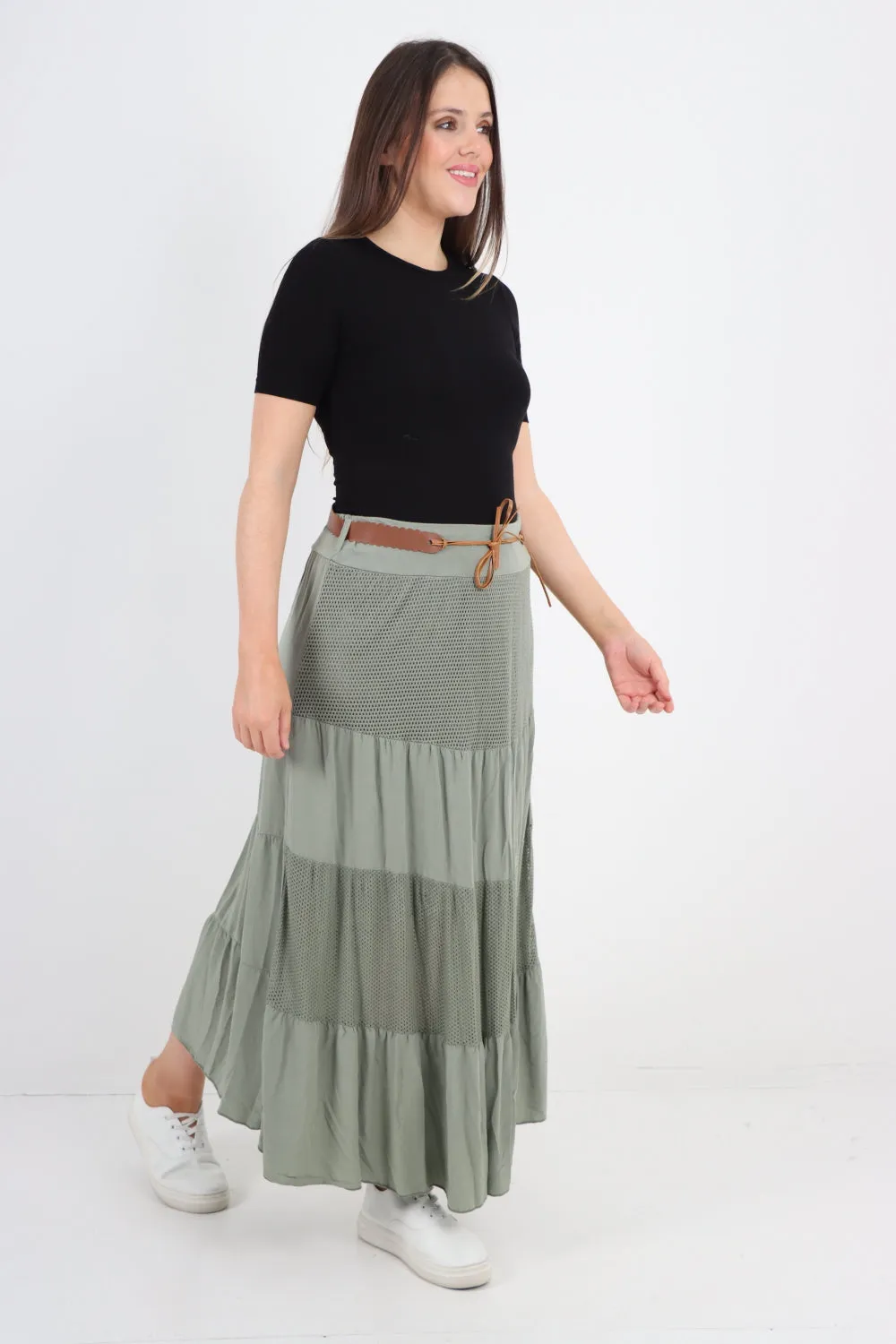 Italian Waist Belted Midi Length Tiered Skirt