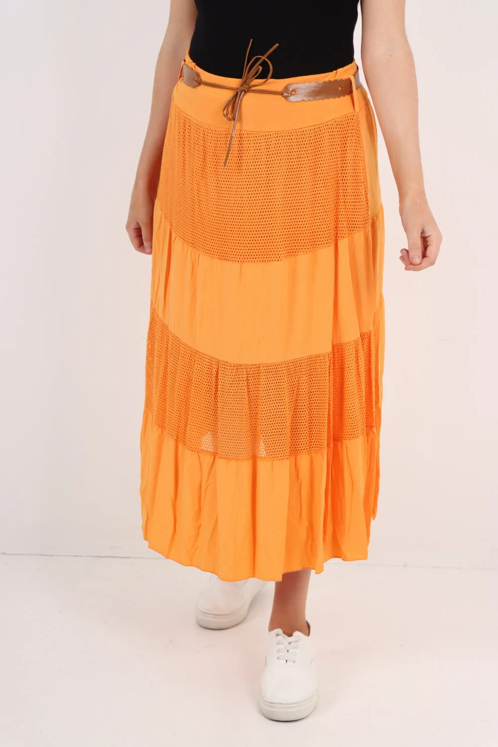 Italian Waist Belted Midi Length Tiered Skirt