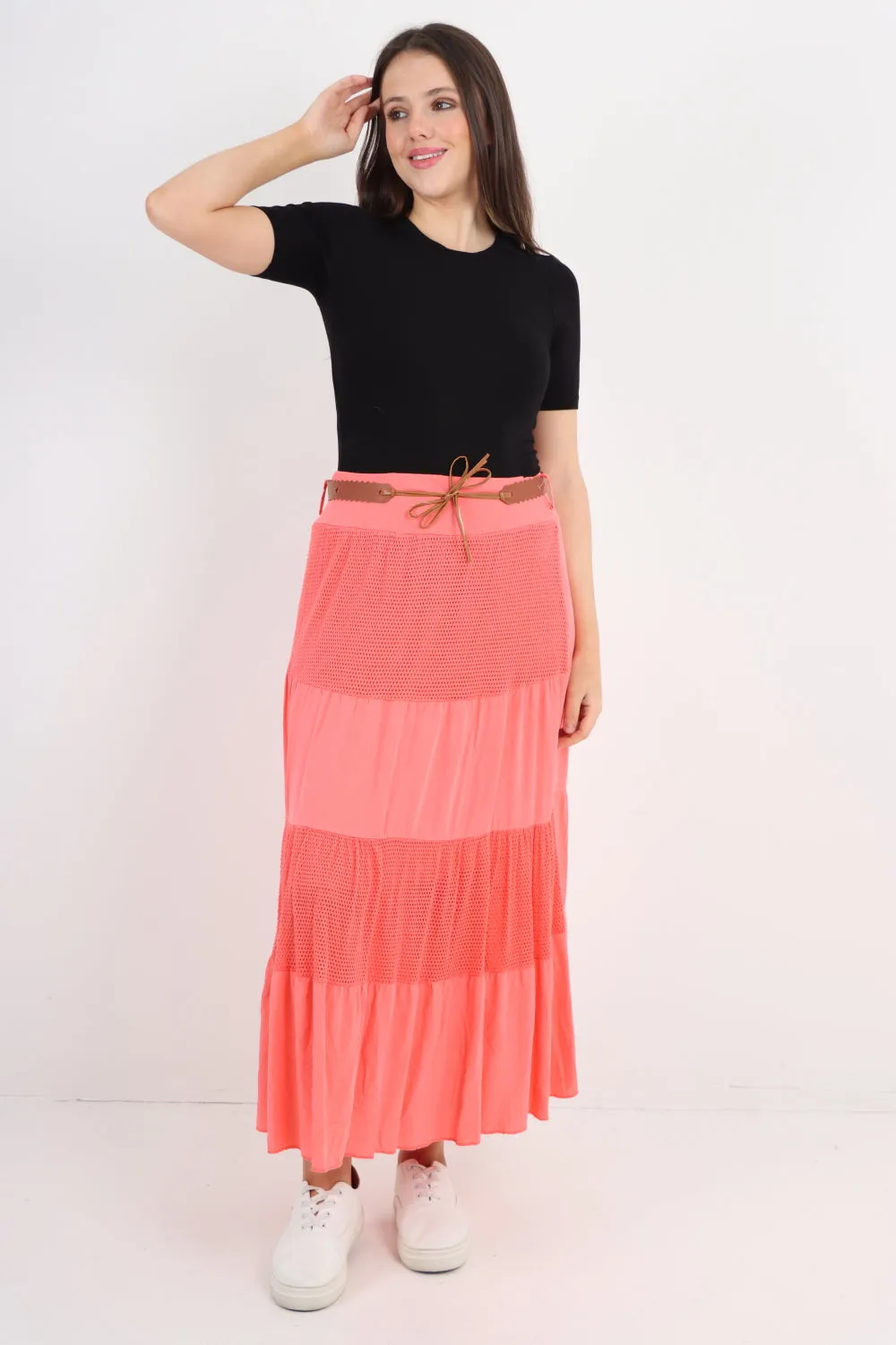 Italian Waist Belted Midi Length Tiered Skirt