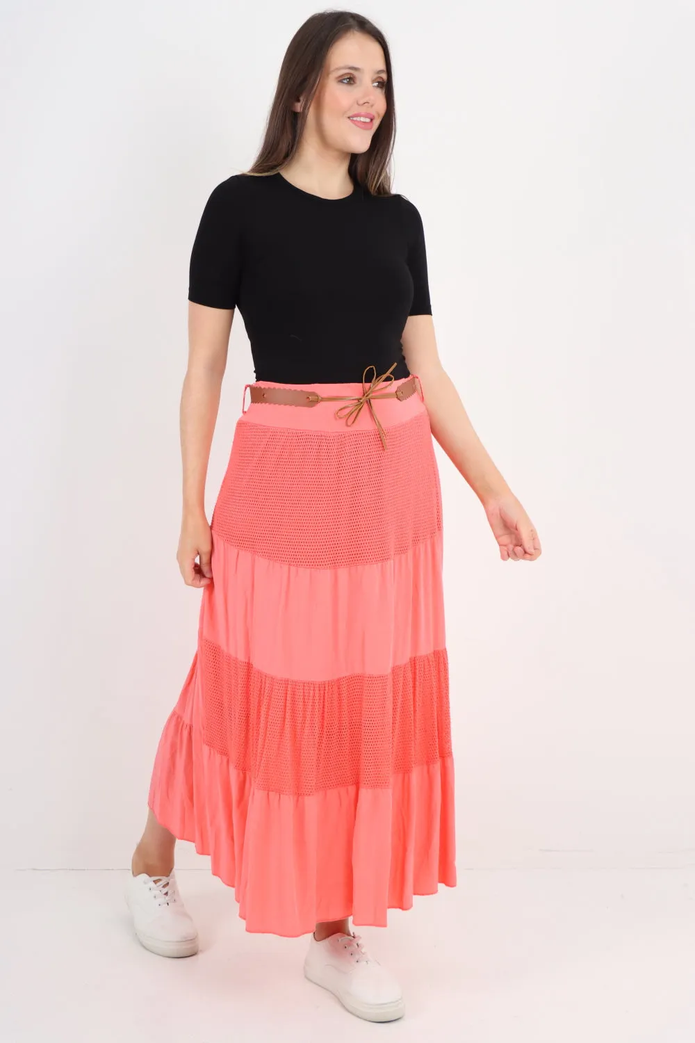 Italian Waist Belted Midi Length Tiered Skirt