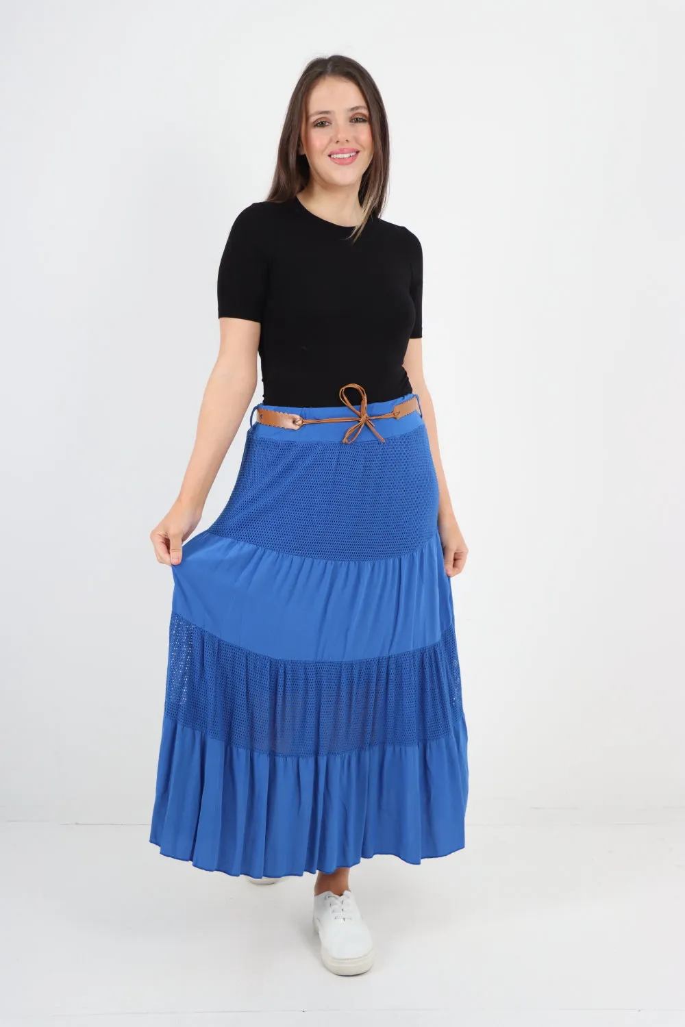 Italian Waist Belted Midi Length Tiered Skirt