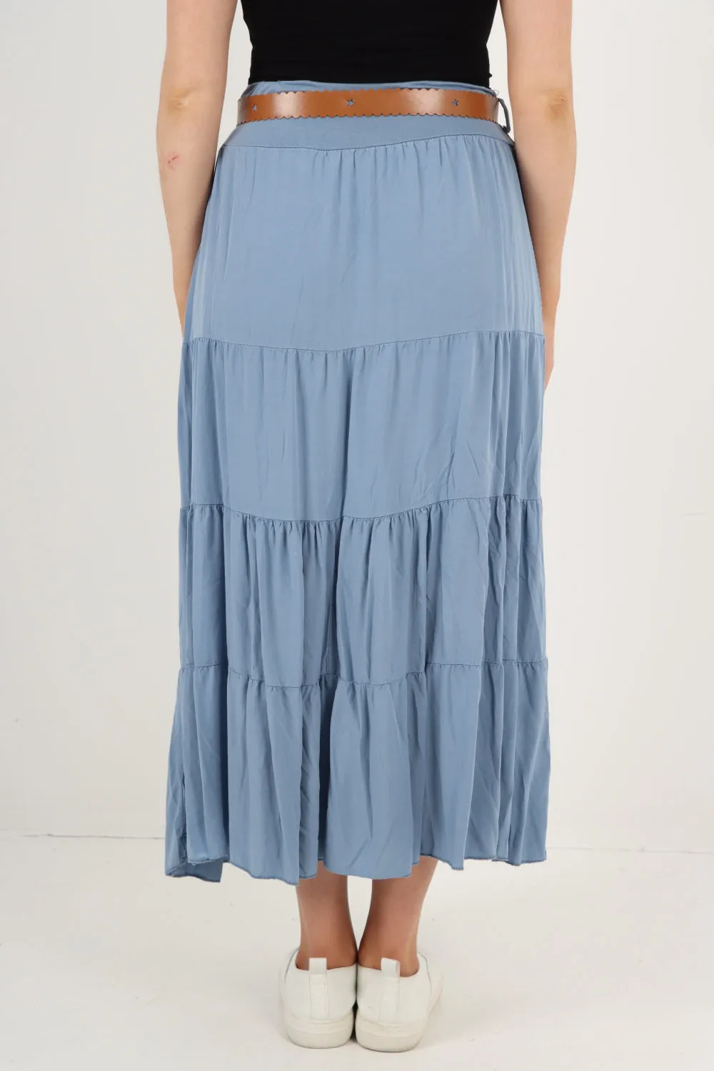 Italian Waist Belted Midi Length Tiered Skirt