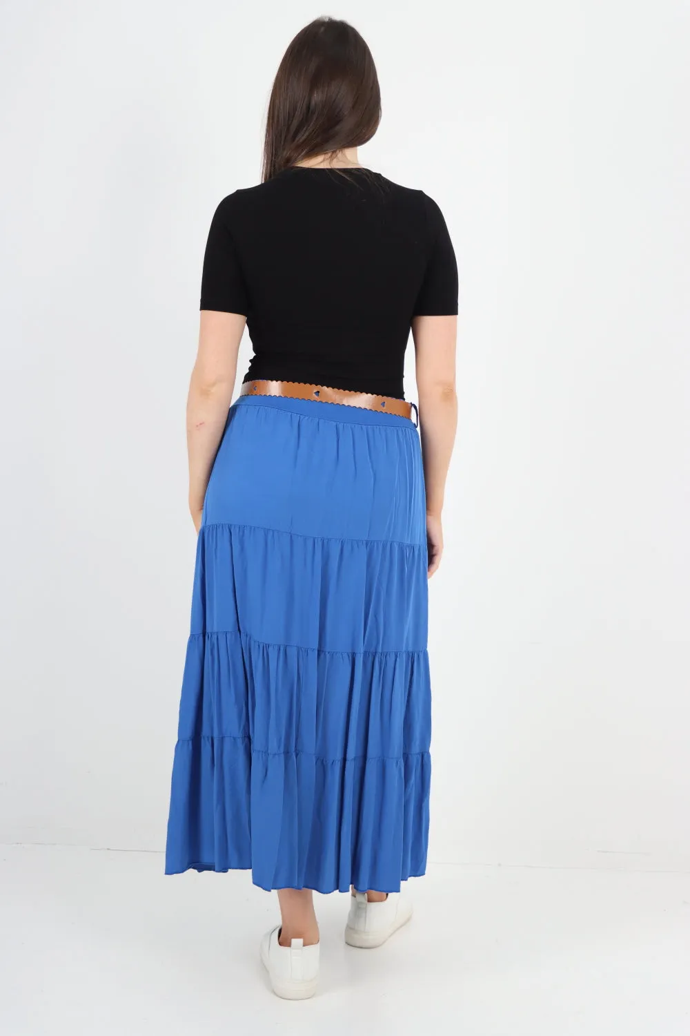Italian Waist Belted Midi Length Tiered Skirt