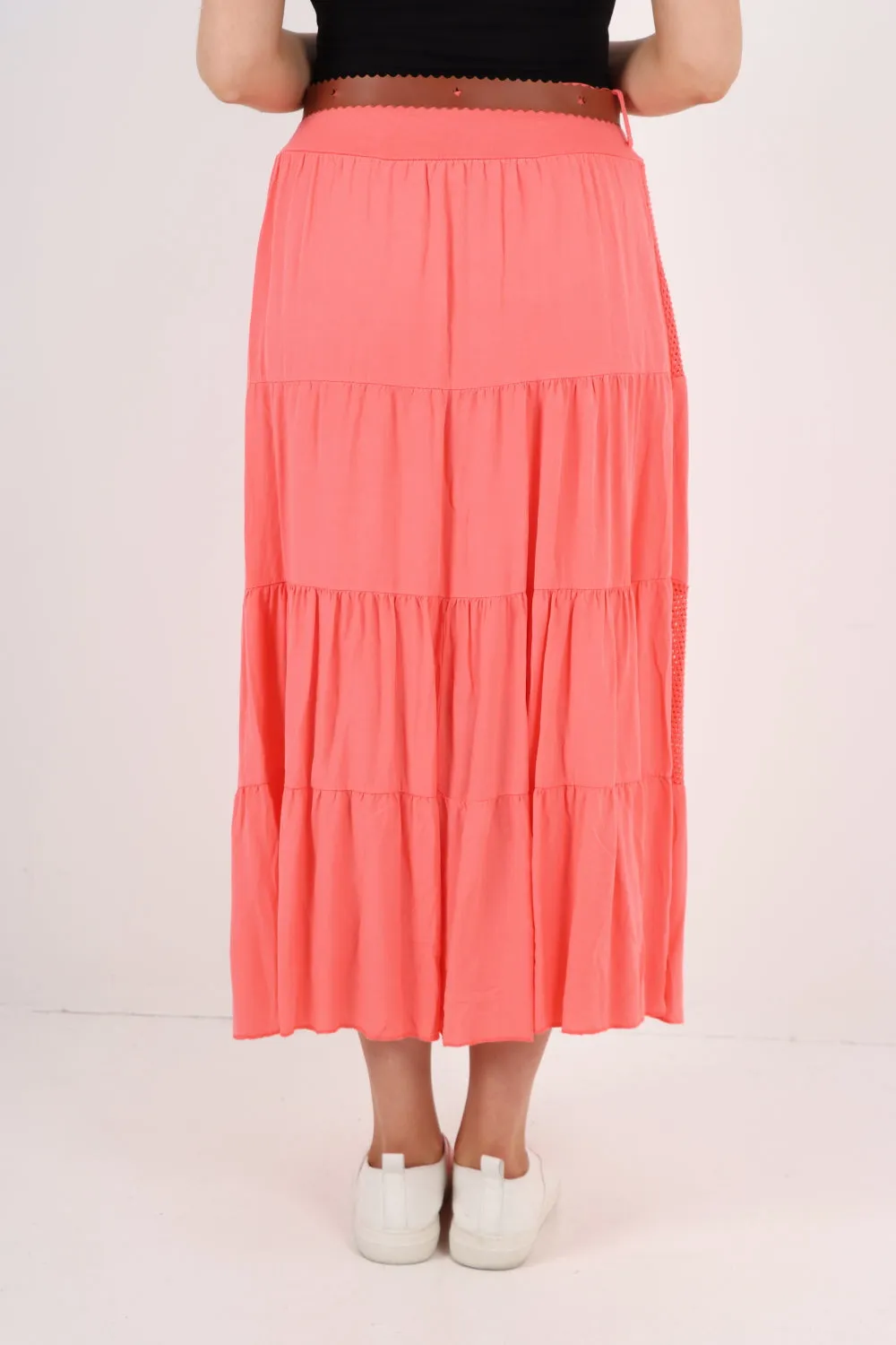 Italian Waist Belted Midi Length Tiered Skirt