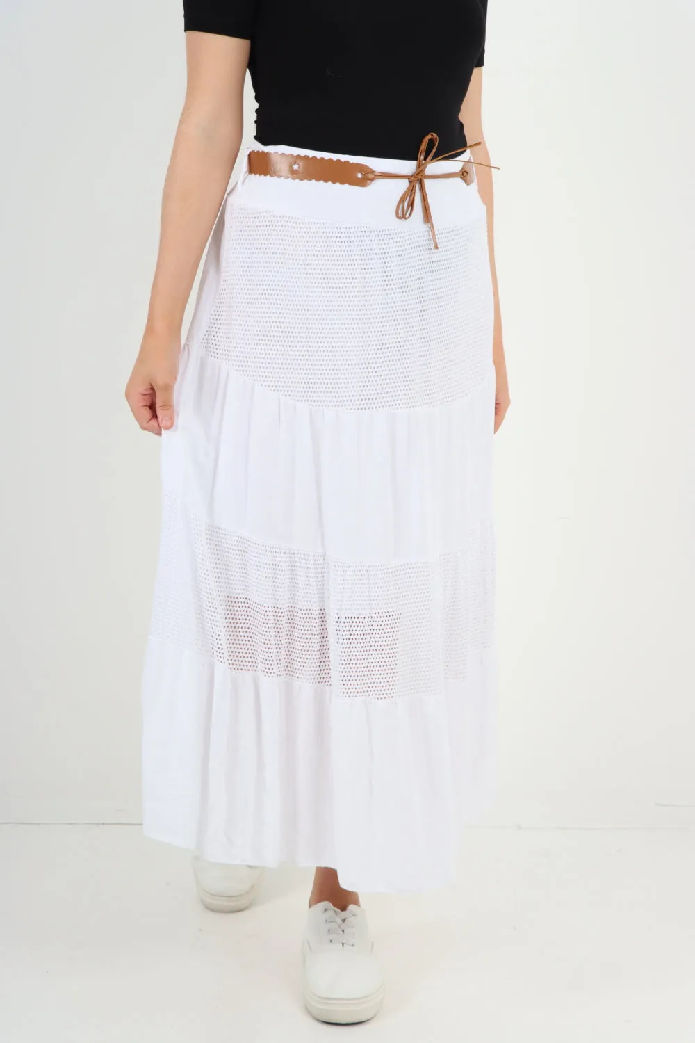 Italian Waist Belted Midi Length Tiered Skirt