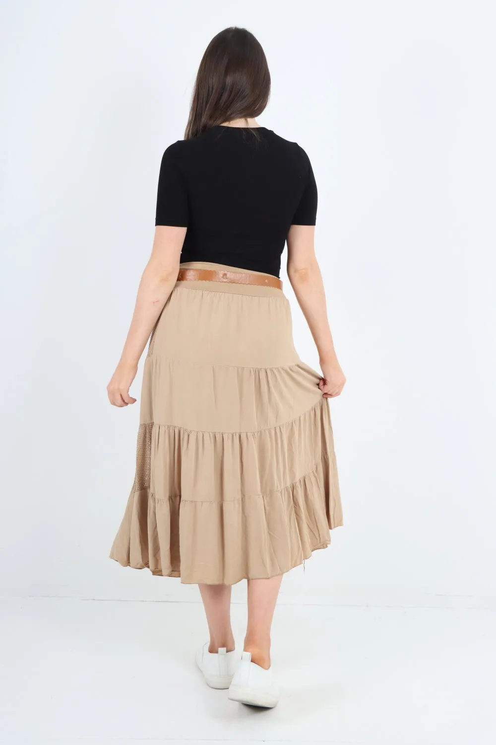 Italian Waist Belted Midi Length Tiered Skirt