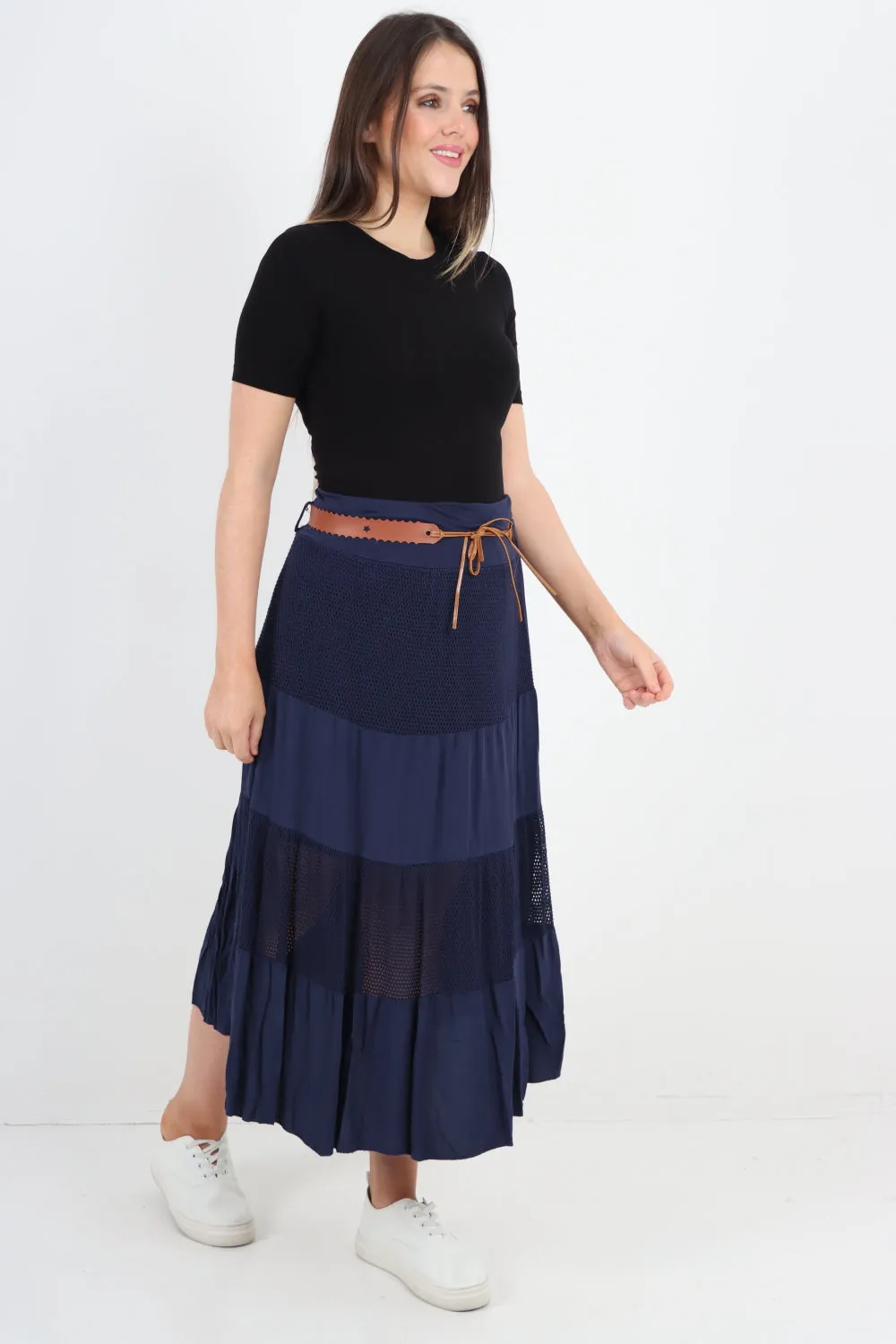 Italian Waist Belted Midi Length Tiered Skirt