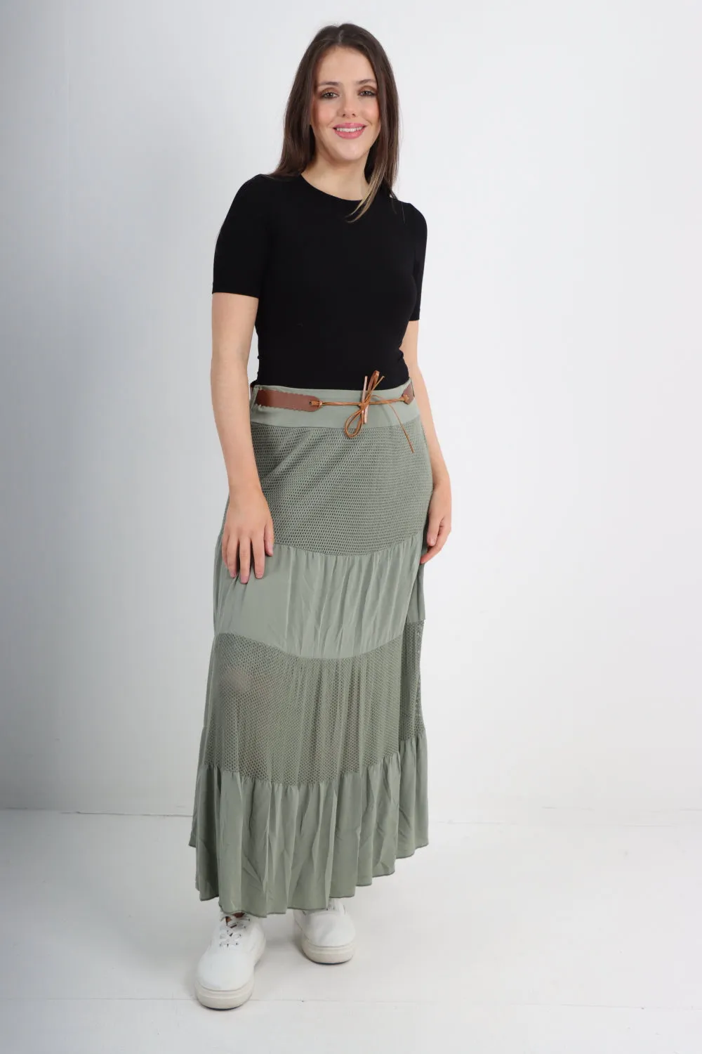 Italian Waist Belted Midi Length Tiered Skirt