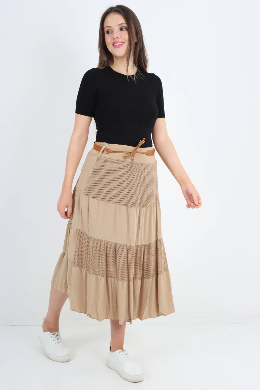 Italian Waist Belted Midi Length Tiered Skirt