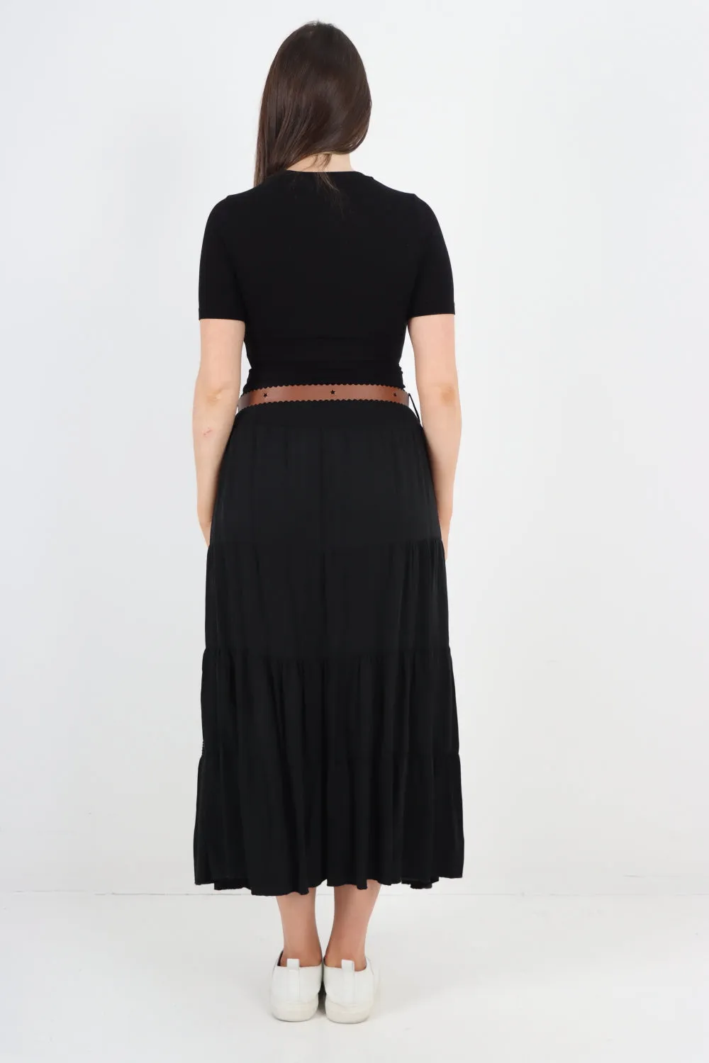 Italian Waist Belted Midi Length Tiered Skirt