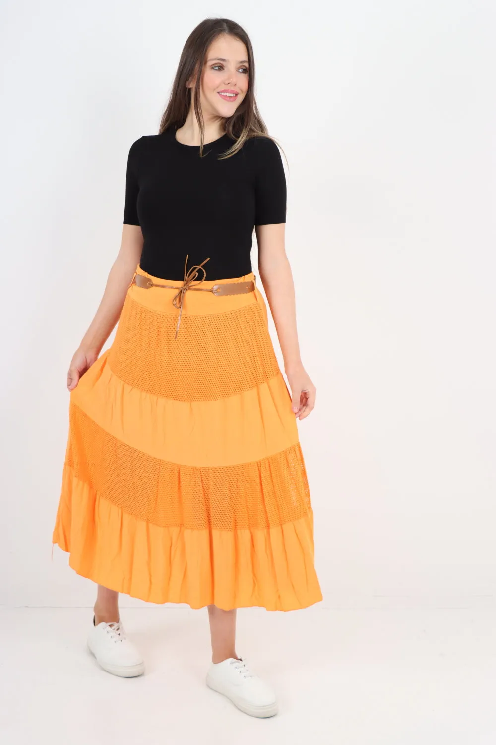 Italian Waist Belted Midi Length Tiered Skirt