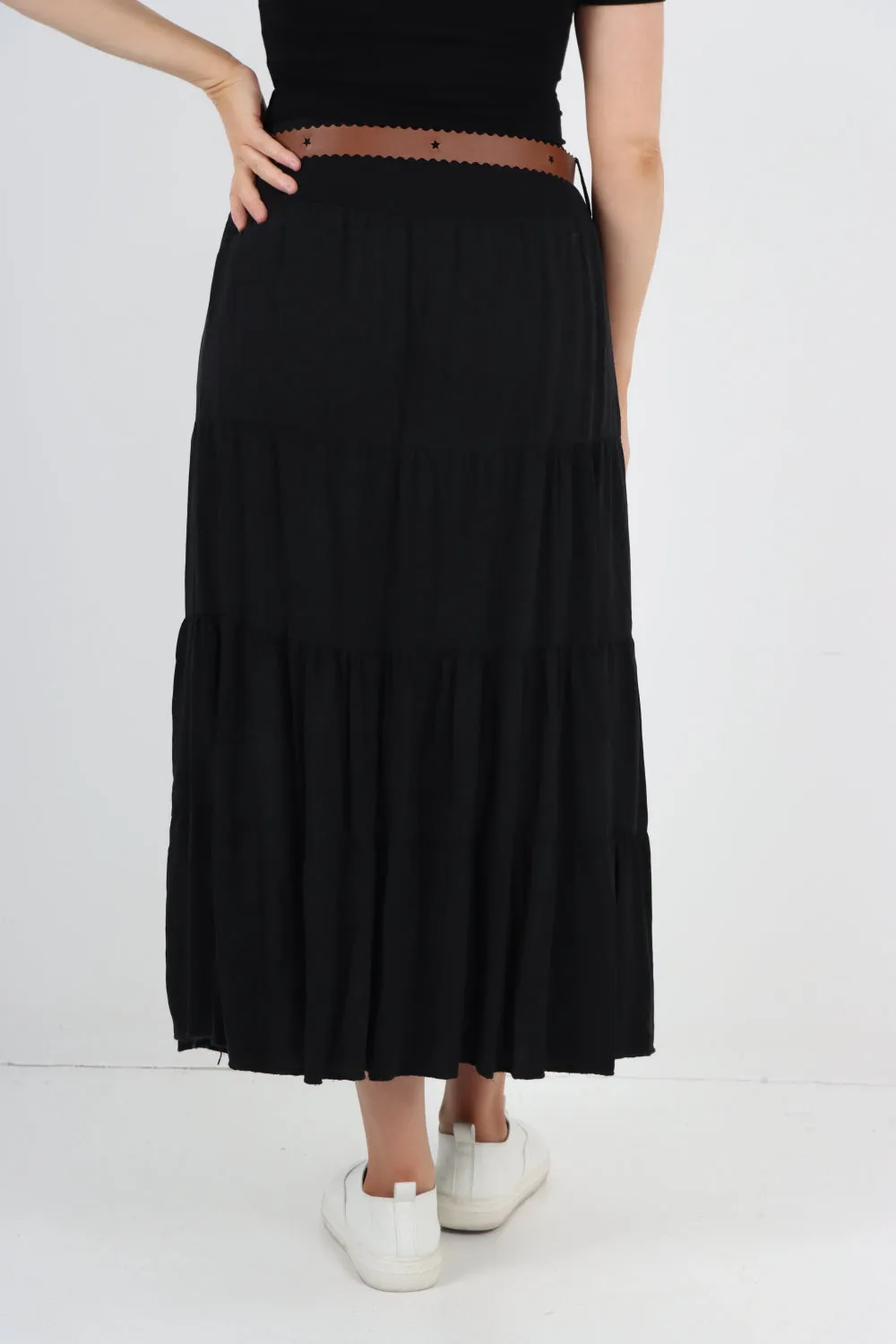 Italian Waist Belted Midi Length Tiered Skirt