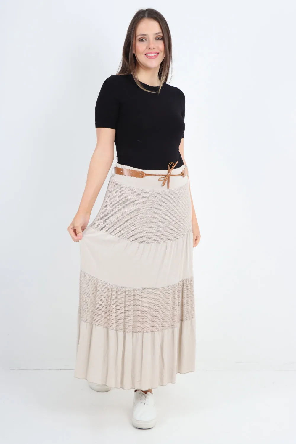 Italian Waist Belted Midi Length Tiered Skirt