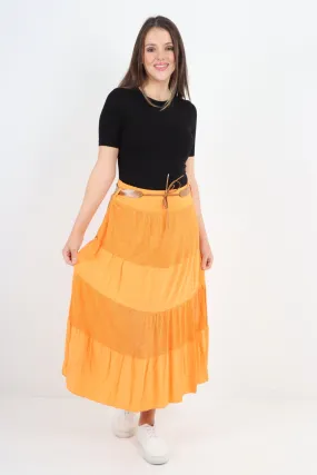 Italian Waist Belted Midi Length Tiered Skirt