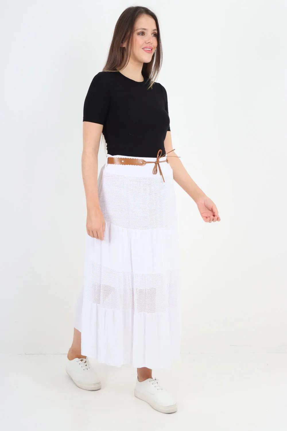 Italian Waist Belted Midi Length Tiered Skirt