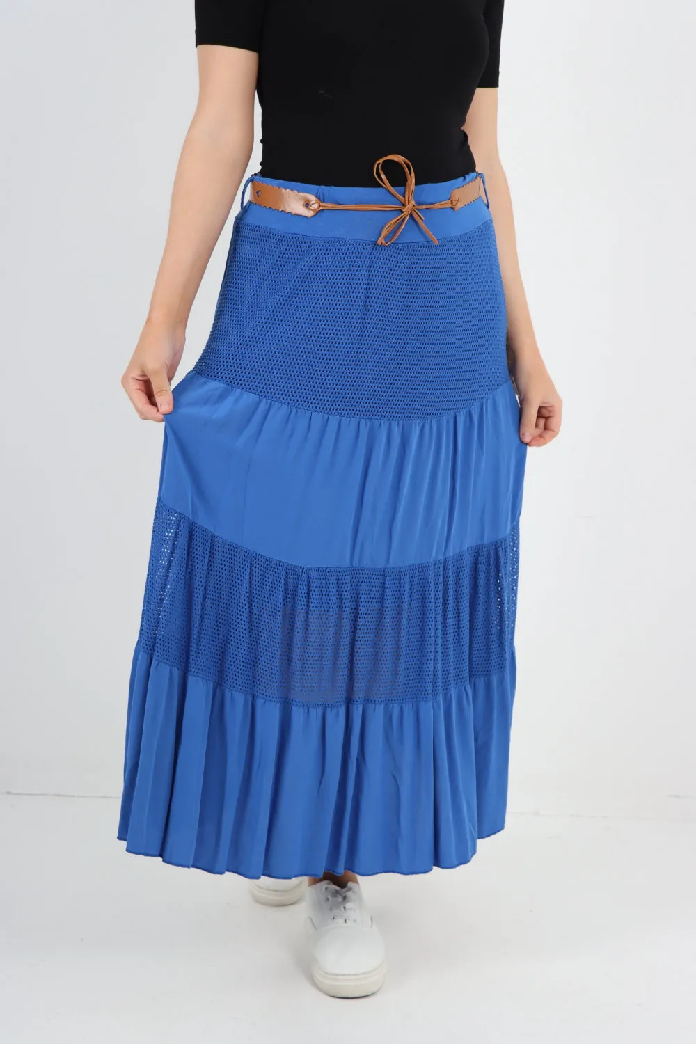 Italian Waist Belted Midi Length Tiered Skirt