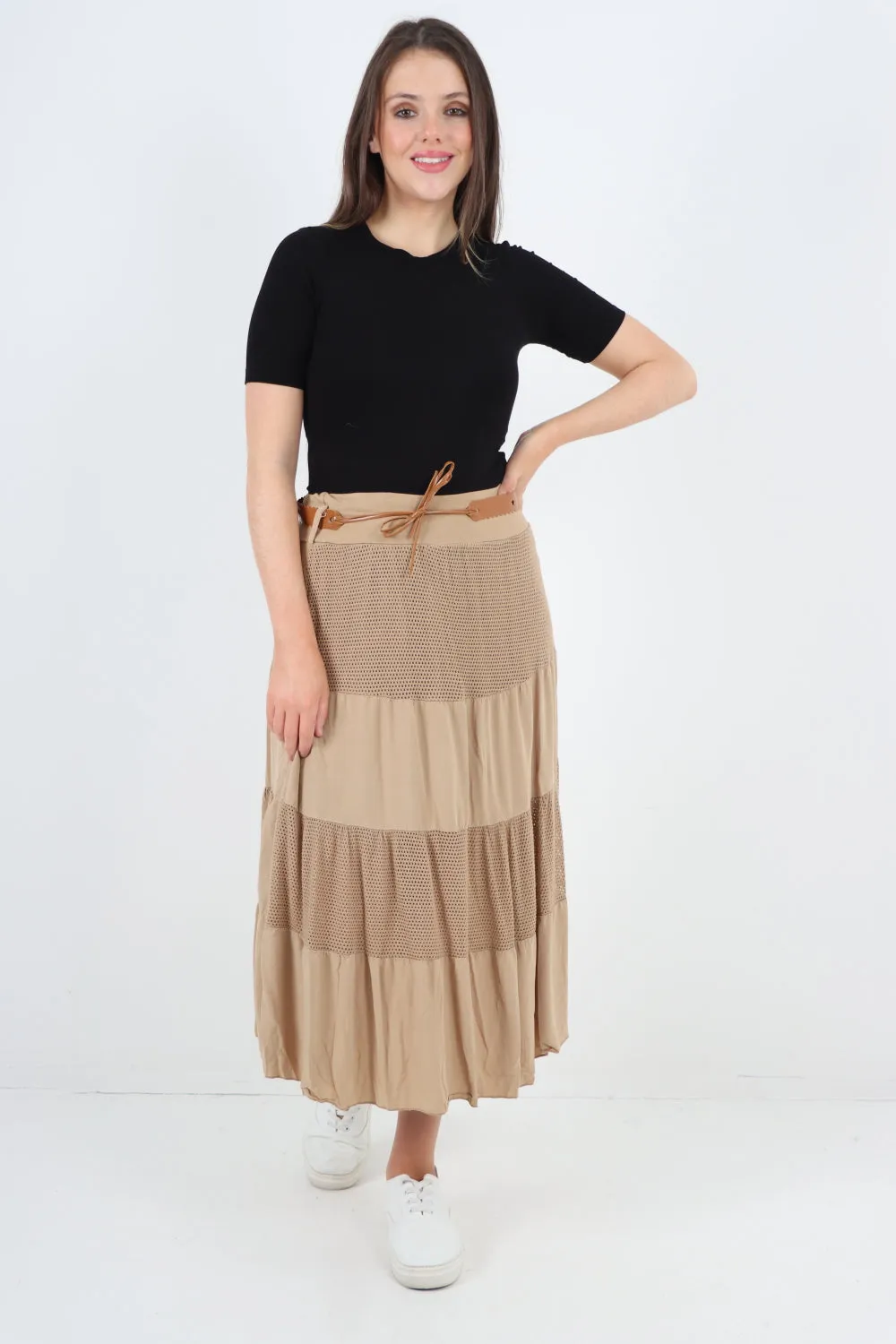 Italian Waist Belted Midi Length Tiered Skirt