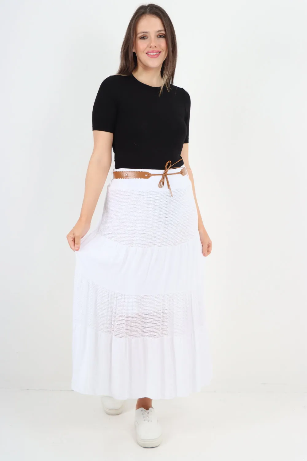 Italian Waist Belted Midi Length Tiered Skirt