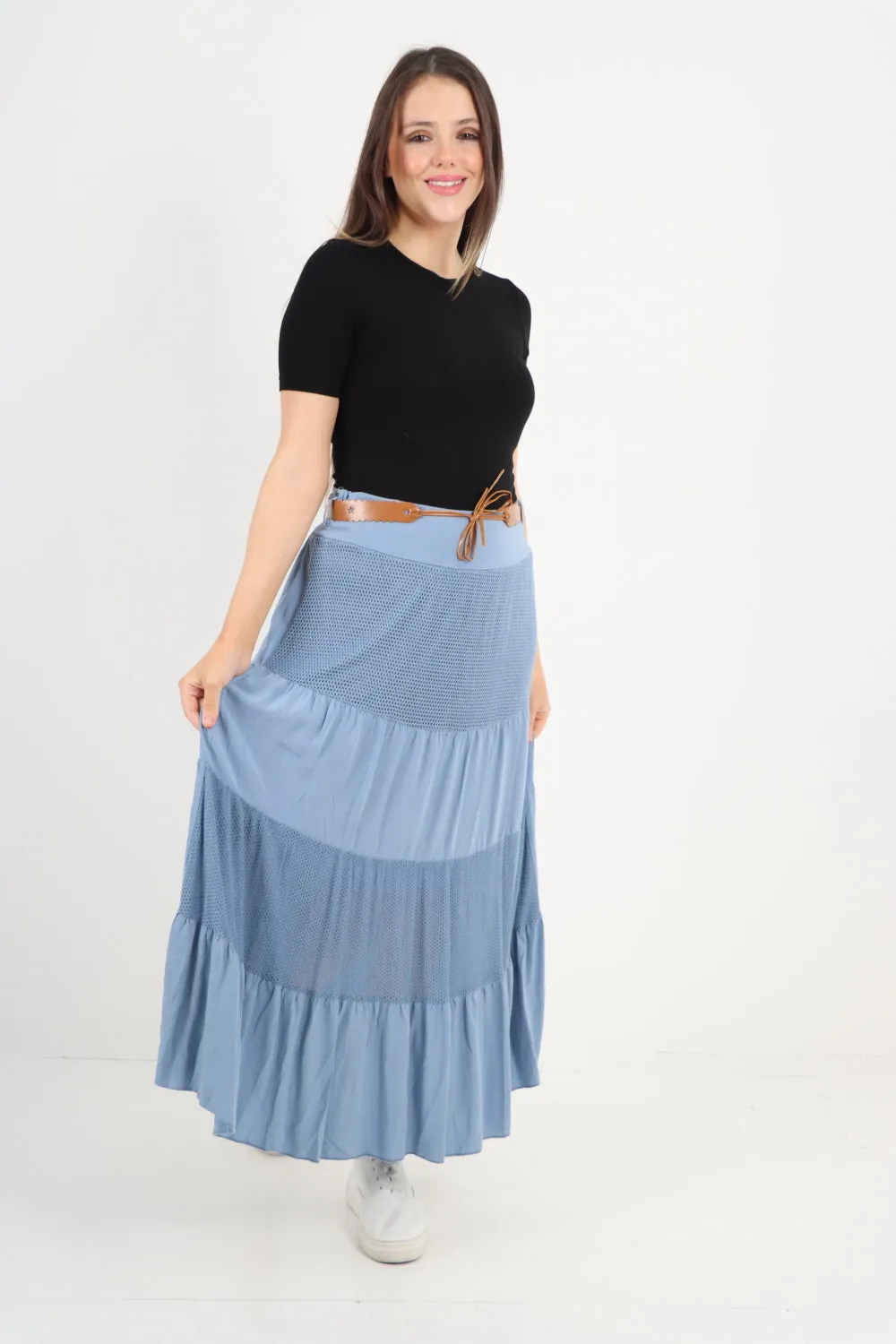 Italian Waist Belted Midi Length Tiered Skirt