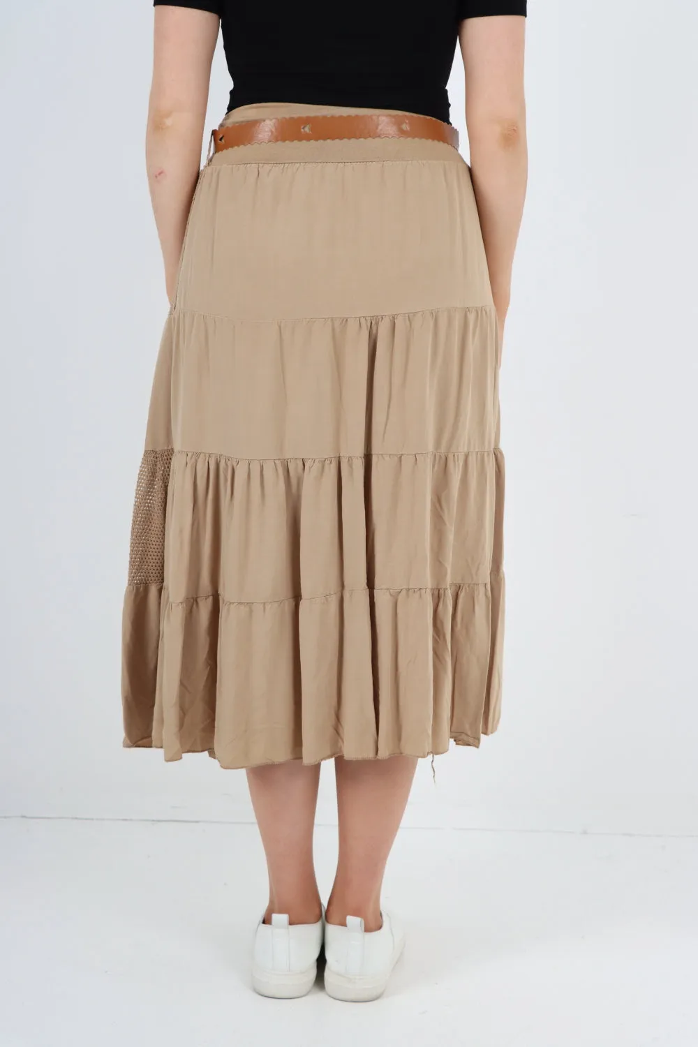 Italian Waist Belted Midi Length Tiered Skirt