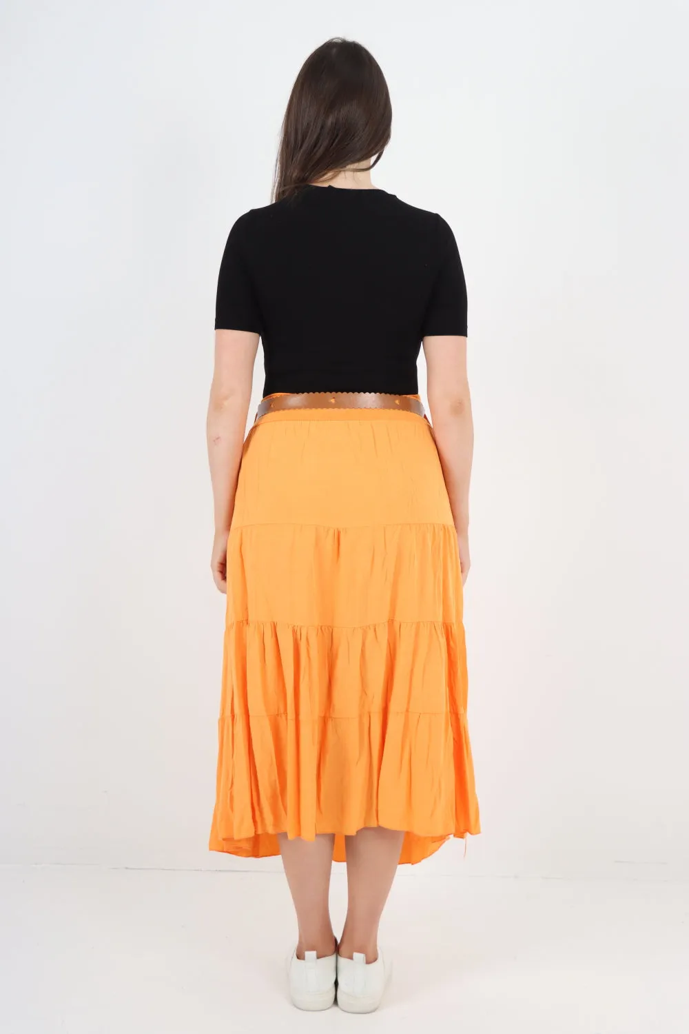 Italian Waist Belted Midi Length Tiered Skirt