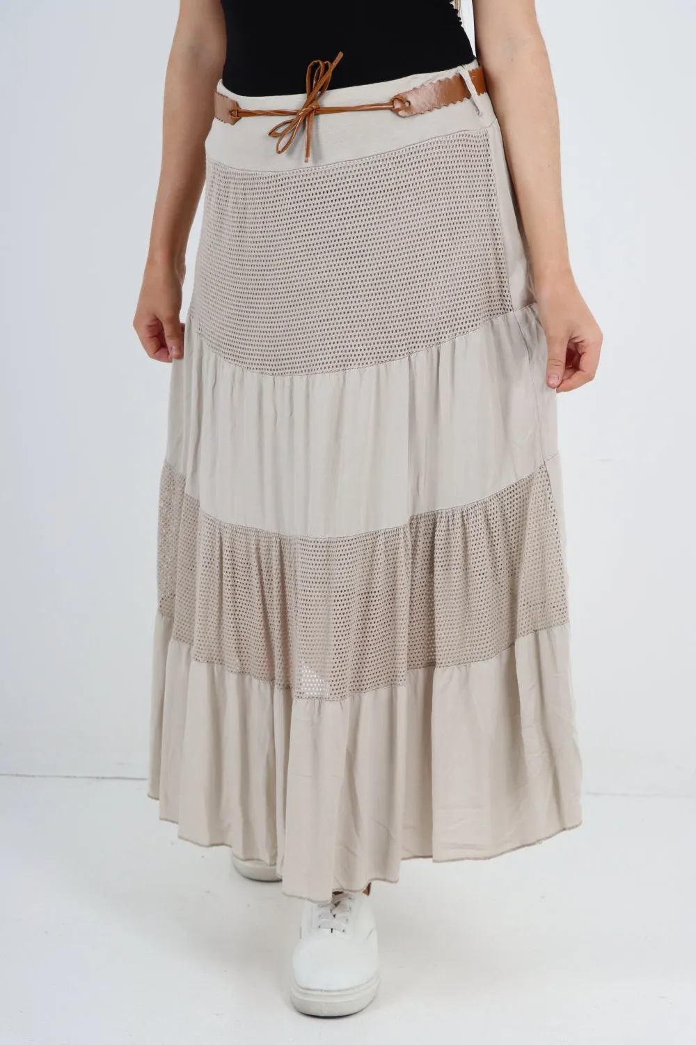 Italian Waist Belted Midi Length Tiered Skirt
