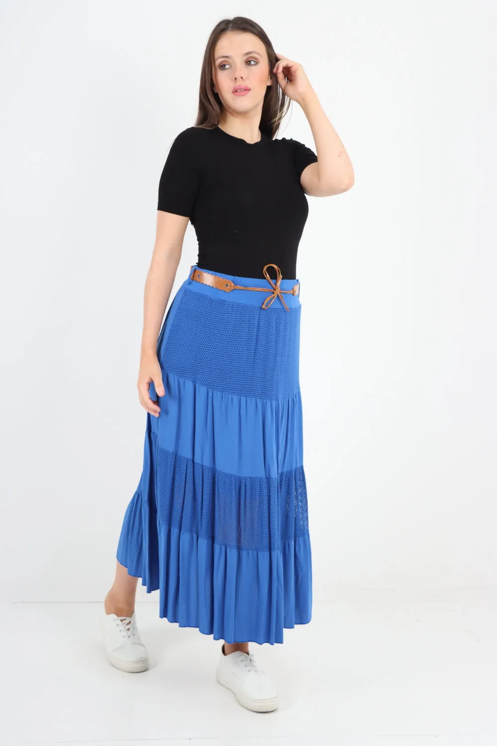 Italian Waist Belted Midi Length Tiered Skirt