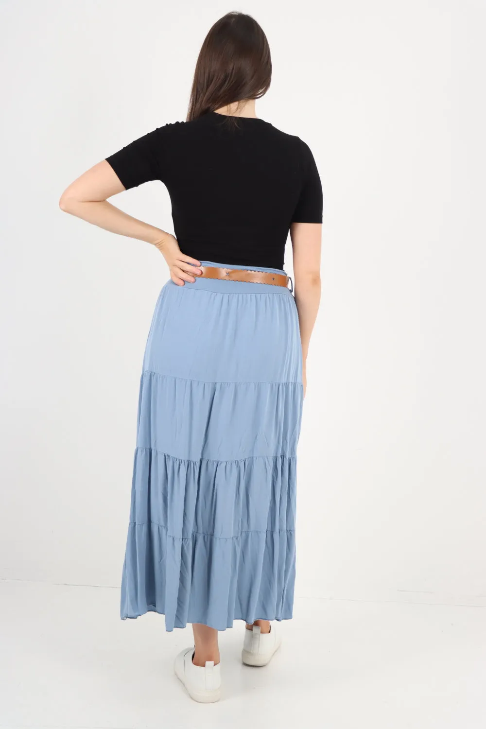 Italian Waist Belted Midi Length Tiered Skirt