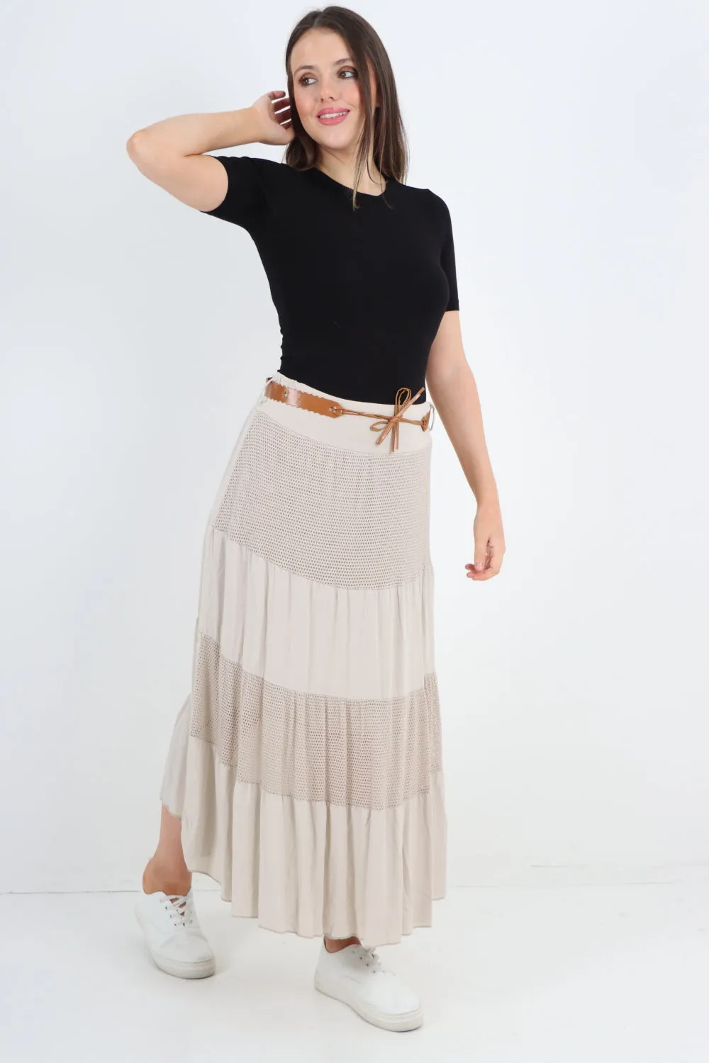 Italian Waist Belted Midi Length Tiered Skirt