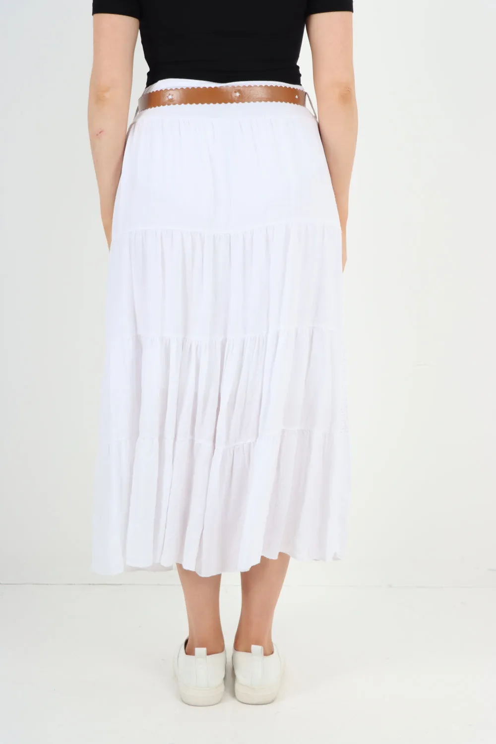 Italian Waist Belted Midi Length Tiered Skirt