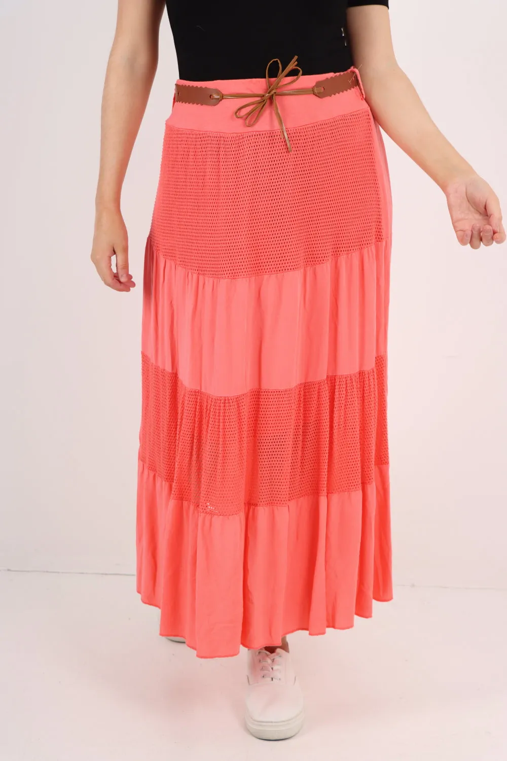Italian Waist Belted Midi Length Tiered Skirt