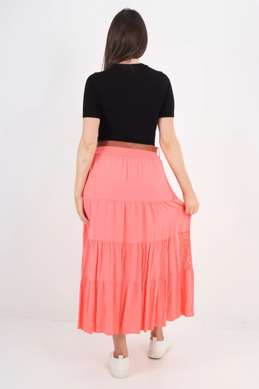 Italian Waist Belted Midi Length Tiered Skirt