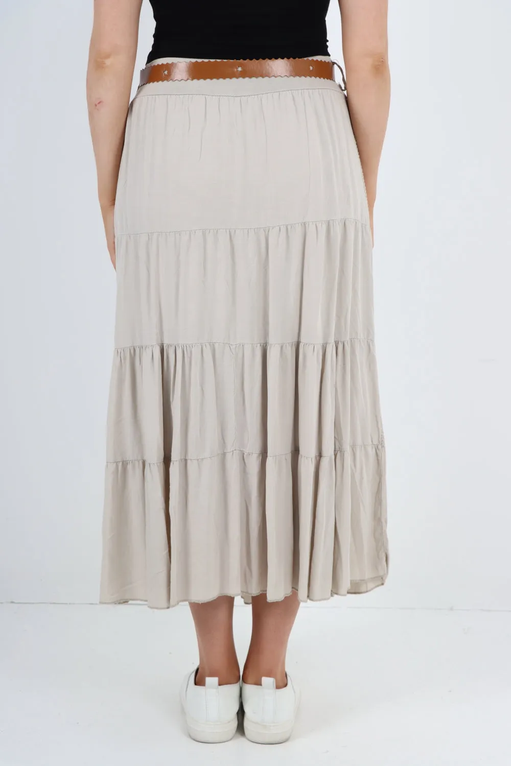 Italian Waist Belted Midi Length Tiered Skirt