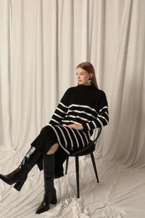 KKT Knit Fabric Turtleneck Striped Black Dress - Chilón