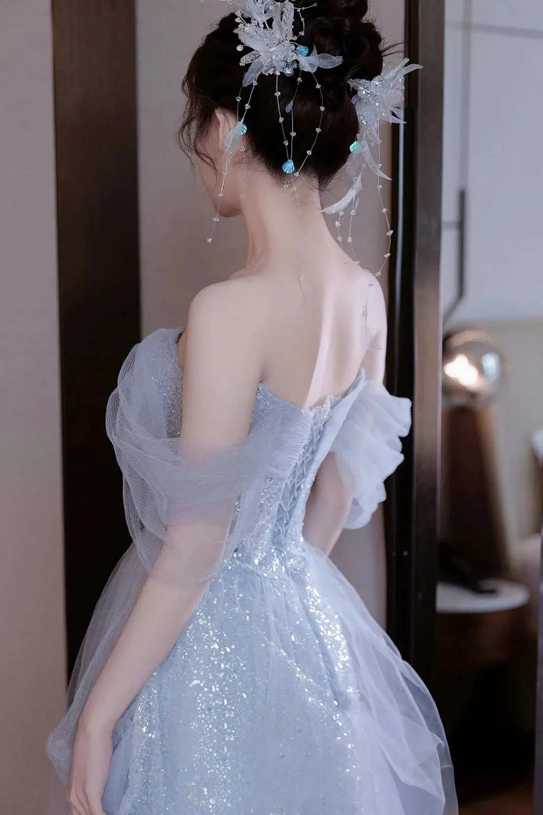 Light Blue Tulle Off Shoulder Formal Dresses , A-Line Sequins Blue Prom Dresses