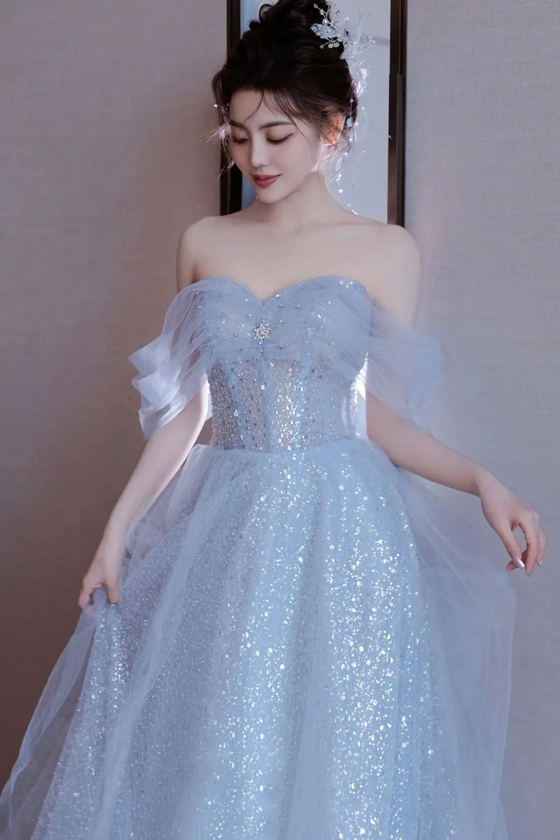 Light Blue Tulle Off Shoulder Formal Dresses , A-Line Sequins Blue Prom Dresses
