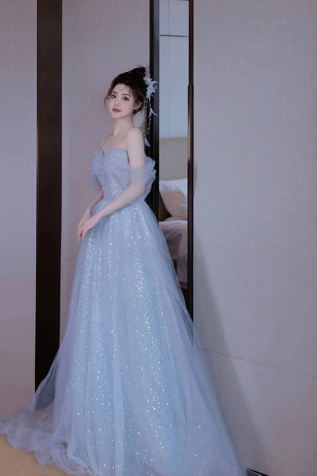 Light Blue Tulle Off Shoulder Formal Dresses , A-Line Sequins Blue Prom Dresses