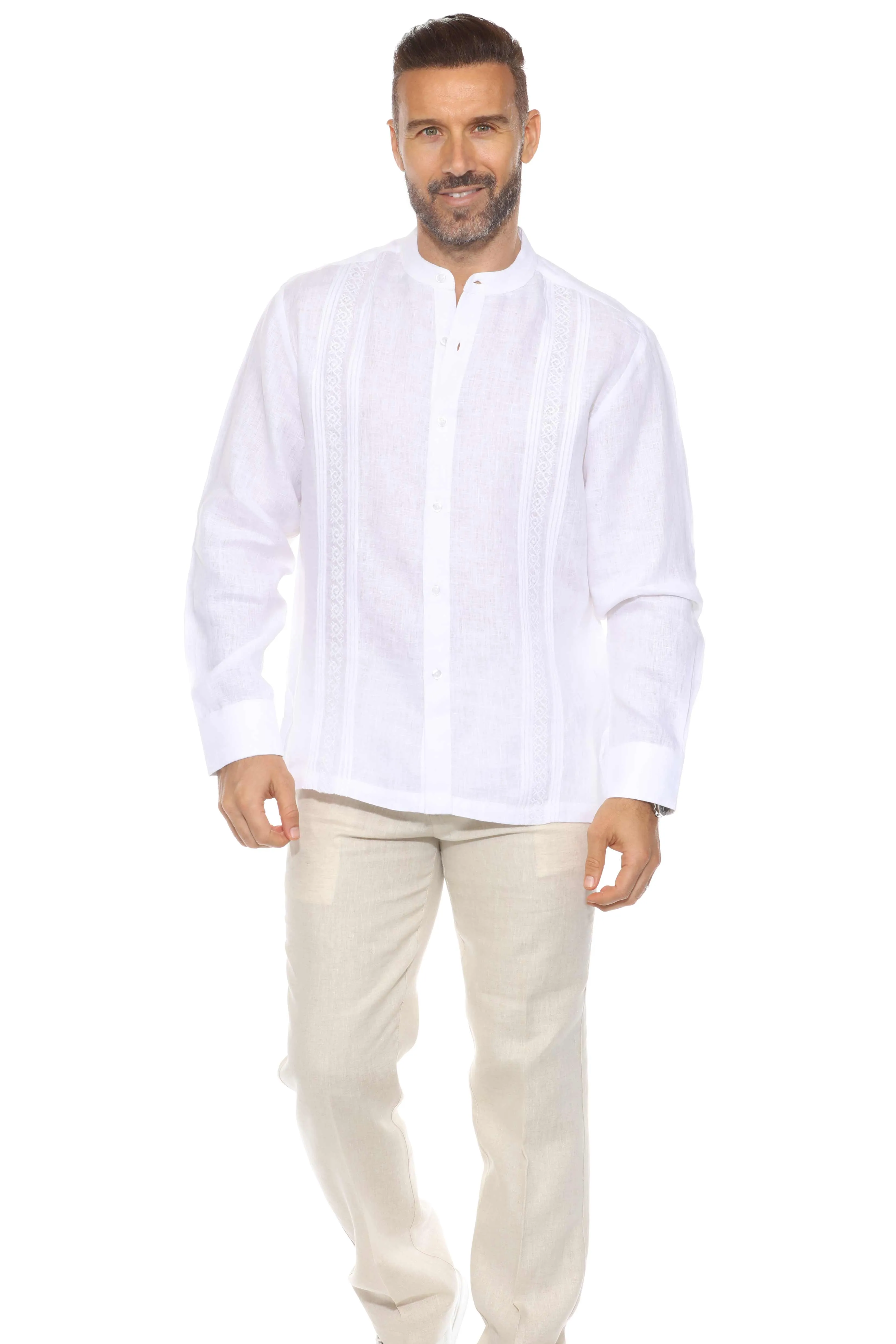 Mandarin Collar Resort Shirt 100% Linen Long Sleeve with Embroidery Accent